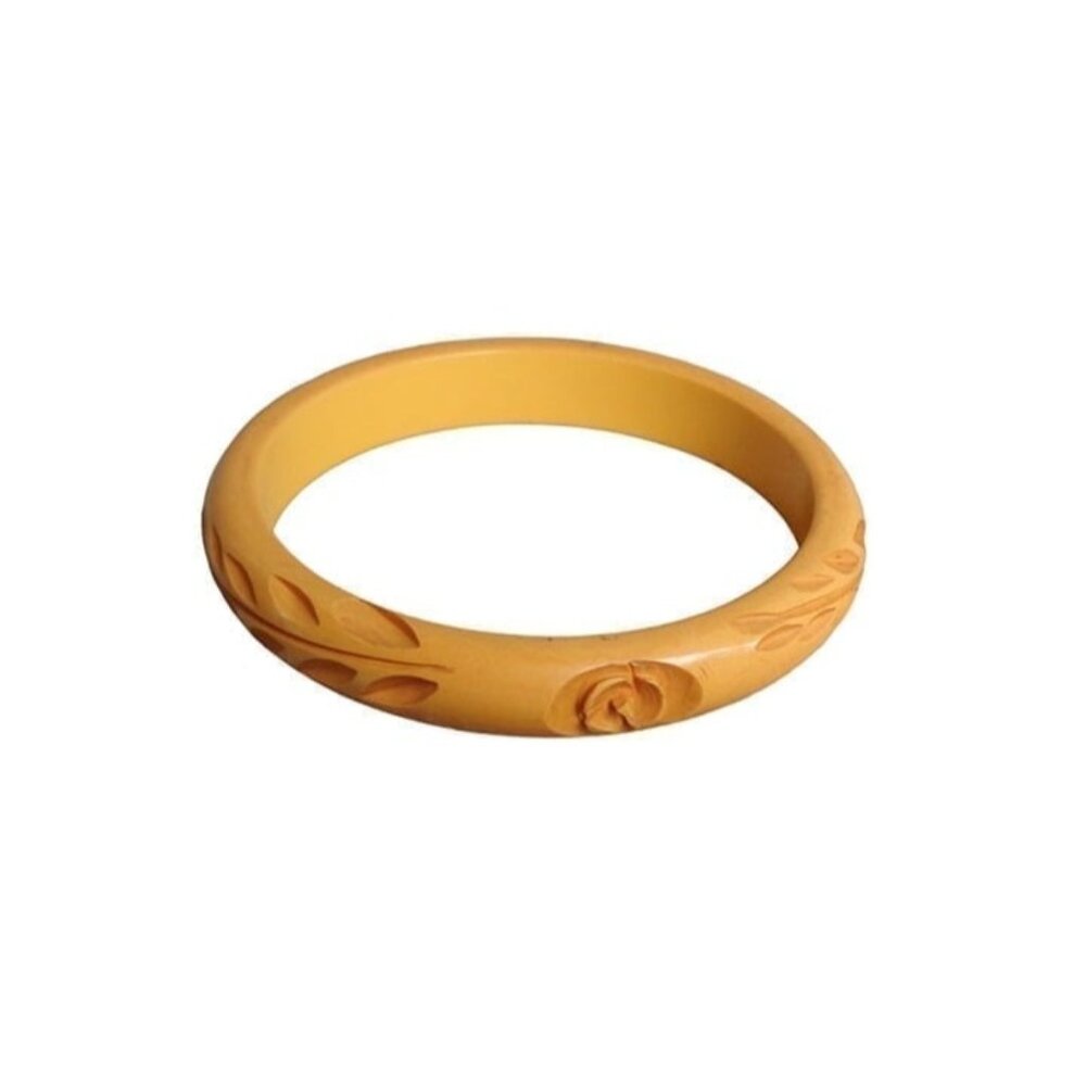 Vtg Bakelite Butterscotch Orange Carved Wheat Rosette Bangle Bracelet Tested